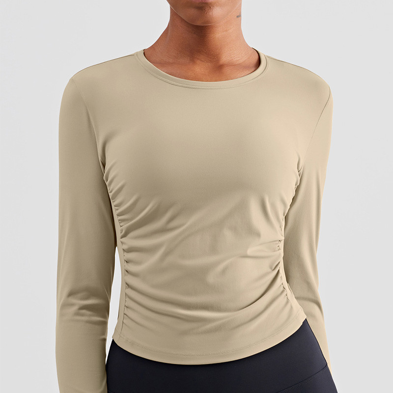 Pleated Ladies Long Sleeve Yoga Tops Quick Dry Four Way Stretch Yoga T Shirts