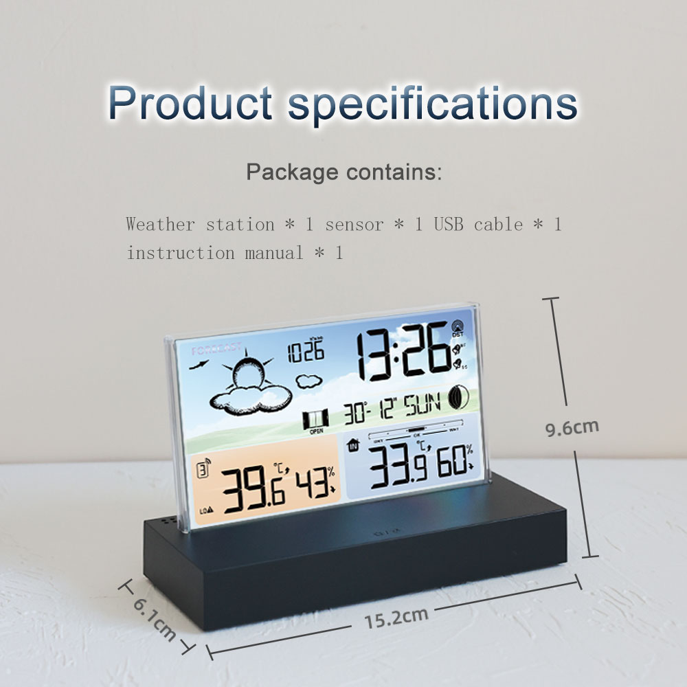 Multi Functional Electronic Weather Forecast Alarm Clock Desktop Transparent Glass Color Screen RF Wireless