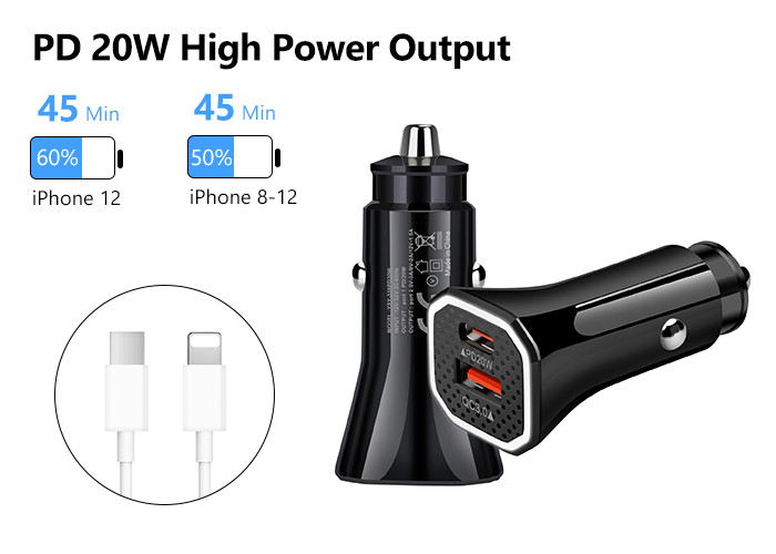 Black grey Dual Ports PD QC3.0 18W Fast Car Charger Aluminum Alloy