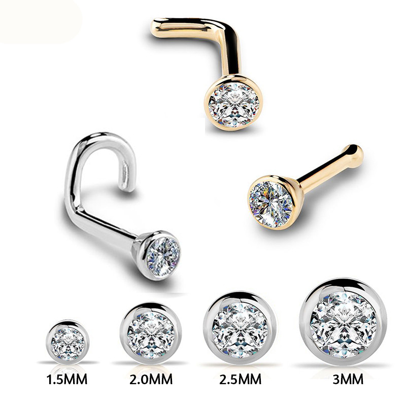 20G 1.5/2/2.5/3mm Zircon Gem Bone Nose Stud Piercing Earring Anodized Rose gold Color Nose Ring Prong CZ Nose Jewelry