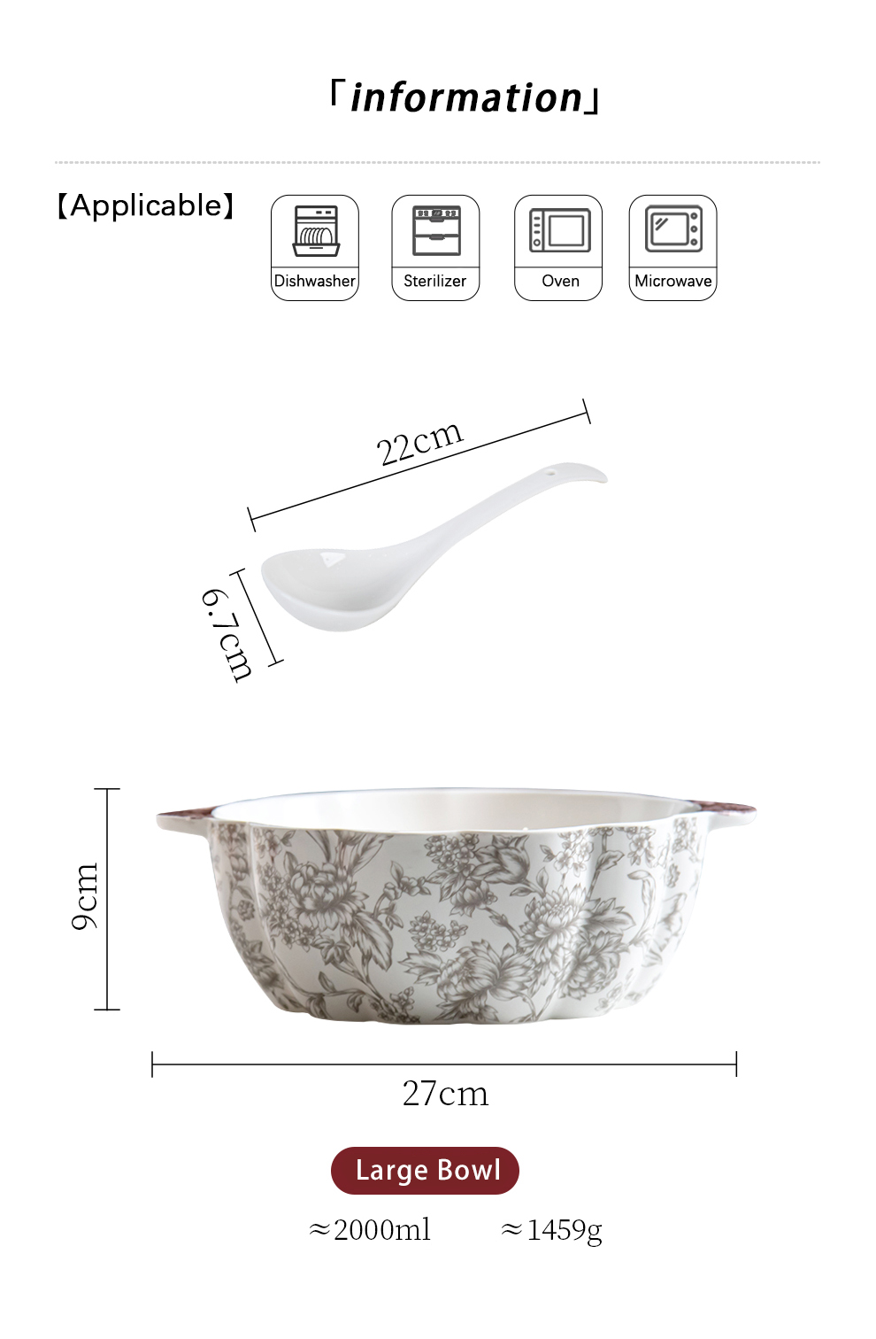 Floral Pattern Ceramic Serving Bowl 9 Inch Porcelain Bowl For Large Salads And Soups