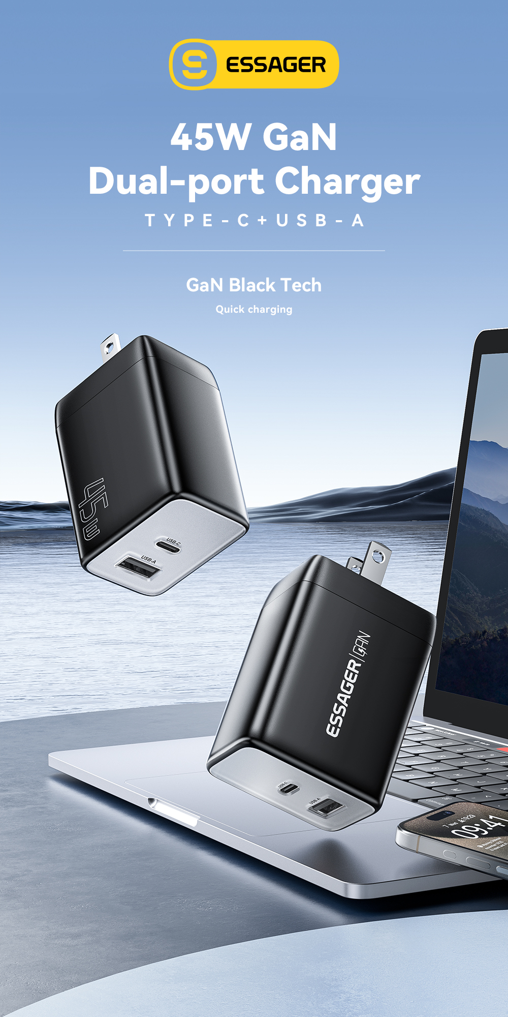 ESSAGER ES-CD40 Series PD GaN Charger QC4.0 QC3.0 QC2.0 Dual 2 Ports USB C 45W