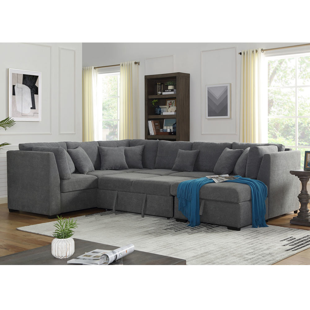 U-Shaped Sectional Sleeper Sofa with Pull Out Bed and Storage Chaise Lounge, Gray Linen Fabric