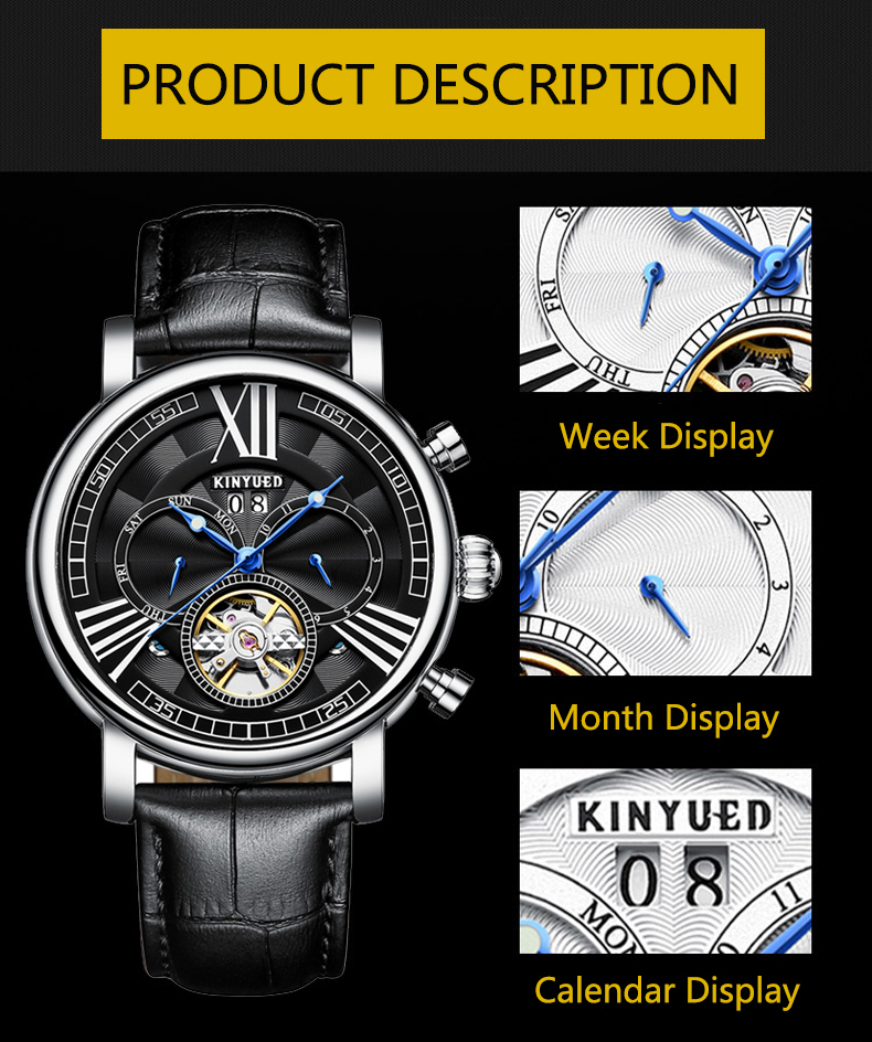 Luxury Brand KINYUED Winner Automatic Mechanical Movement Genuine Leather Waterproof Automatic Mechanical Mens Watch
