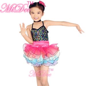 Quality Rainbow Kids Dance Clothes Curly Hem Skirt Sequin Tiered Dress Back Straps Cross wholesale