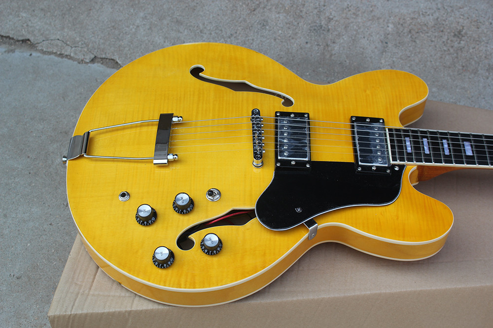 Custom Yellow Semi-hollow Body Electric Guitar with Flame Maple Veneer,Rosewood Fretboard