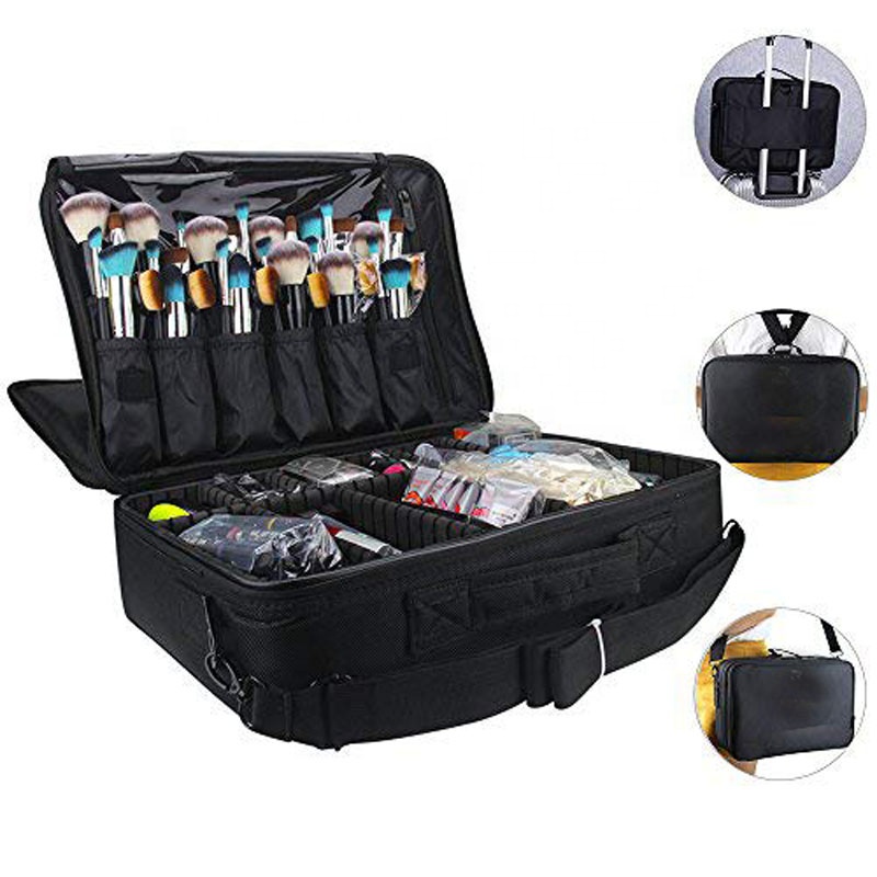 Slim Double Zip Toiletry Bag Flat Professional Multiple Layers Heavy Duty Black Color
