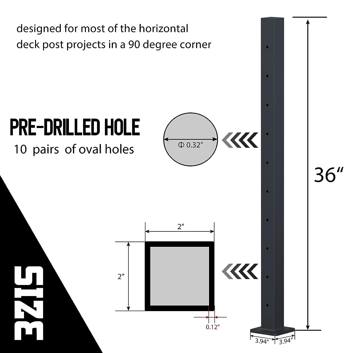 Powder Coated Iron Flat Top Connector Cable Railing Post for Wood Concrete Stair Deck