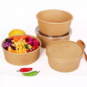 Quality Sustainable 1000ML 32OZ Take Away Paper Container Salad Bowls Disposable Kraft Paper Round Bowl wholesale