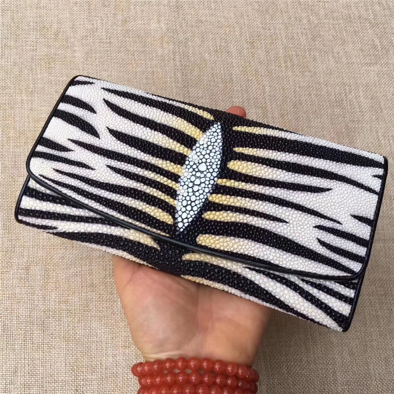 Authentic Stingray Skin Female Long Trifold Wallet Coin Case Genuine Leather Women Large Red Clutch Purse Lady Money Bag