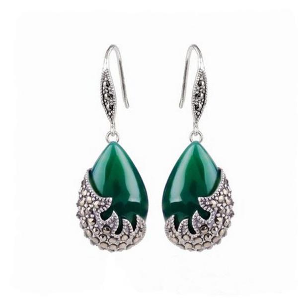 Vintage Sterling Silver Green Agate with Marcasite Dangle Drop Earrings