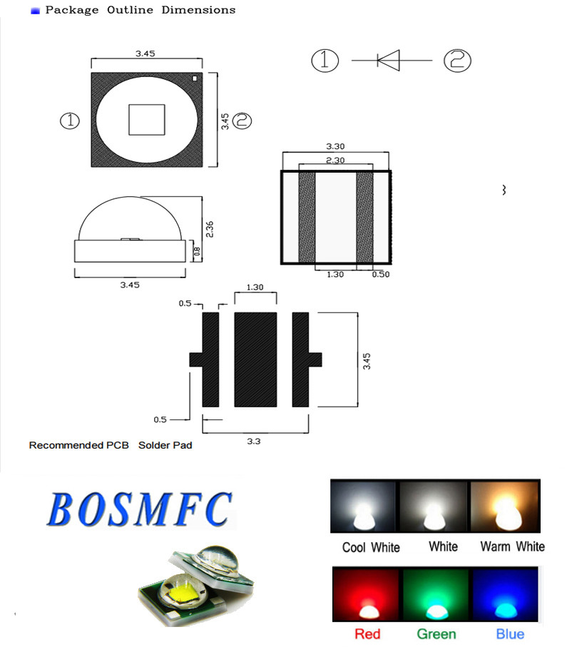 Green Color High Power LED Chip 3535 SMD Diode High Lumen 3W
