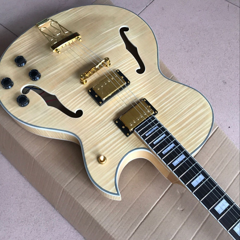 LP les Tiger Flame paul F hollow body jazz electric guitar in natural color