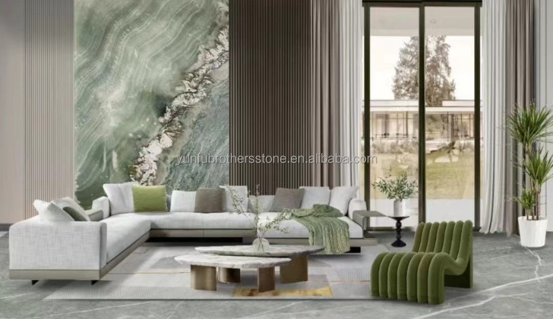 Modern Hotel Dining Table with Polished Green Marble Surface and Custom Graphic Design