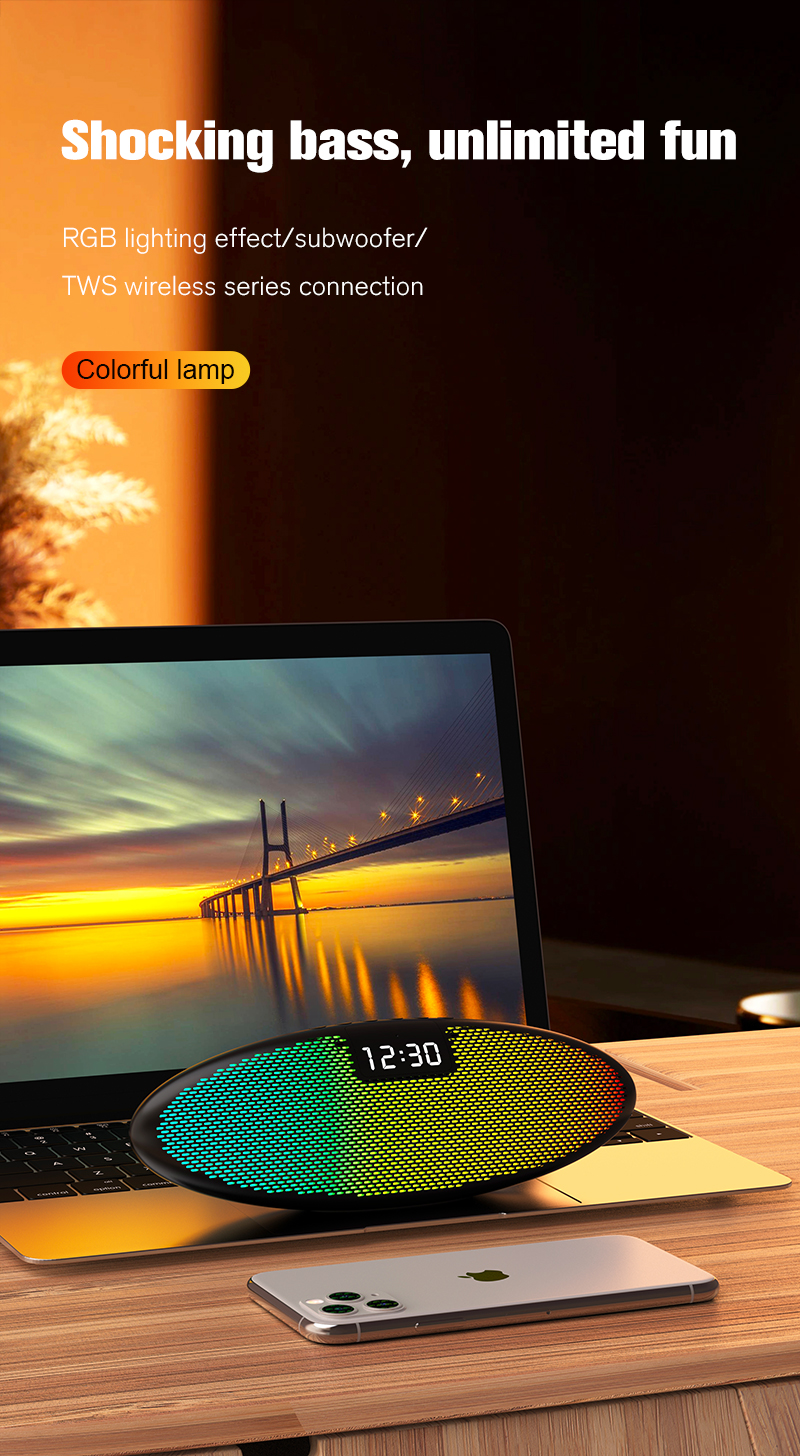 Wireless Clock Speaker With Screen Display Colorful Light And Sound In Plastic Cabinet