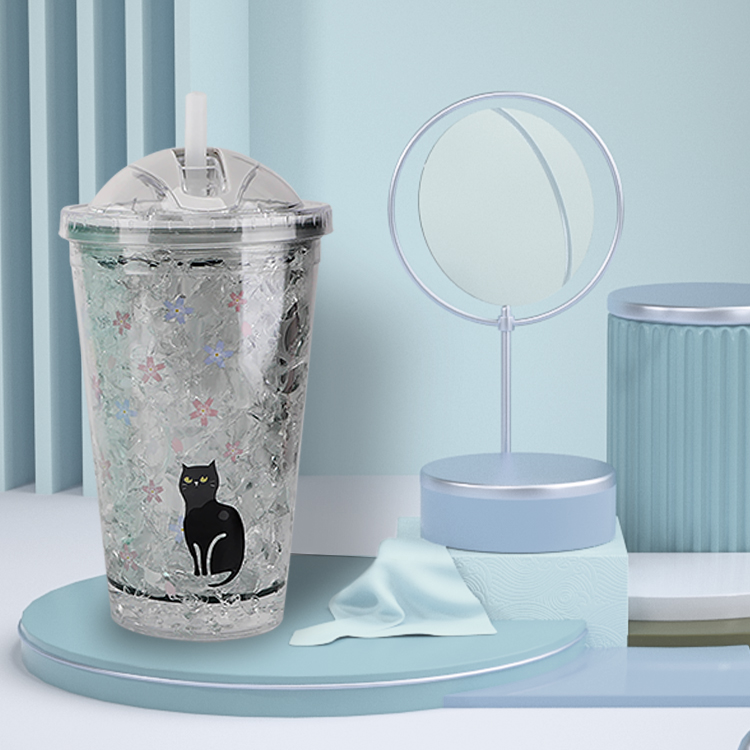 Eco-Friendly Plastic Material Cooling Water Bottle Double Wall Glittery Cup Skinny Tumbler Plastic With Straw Lid For Promotion