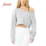 Dropped Off Shoulder Cuffed Sleeves Women Workout Hoodies 200gsm