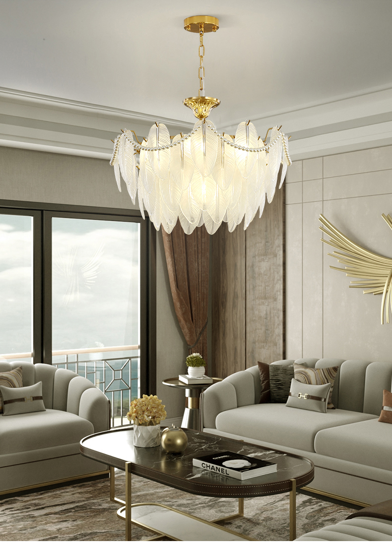 Modern Simple Pearl Feather Glass Chandelier Luxury Living Room Lamp Bedroom Dining Room White Chandelier(WHCY-253)