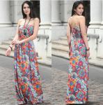 European-style fashion strapless printed long billowing skirt maxi sexy dress