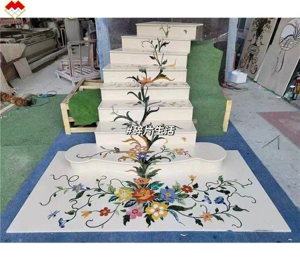 Natural Stone Staircase Essential Luxury Anti-Slip Marble Treads with Waterjet