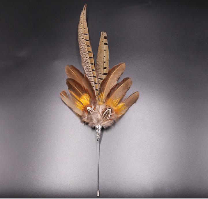 Dyed Pheasant Feather Flower Mount Brass Brooch in 10*30 cm size for fashion statement