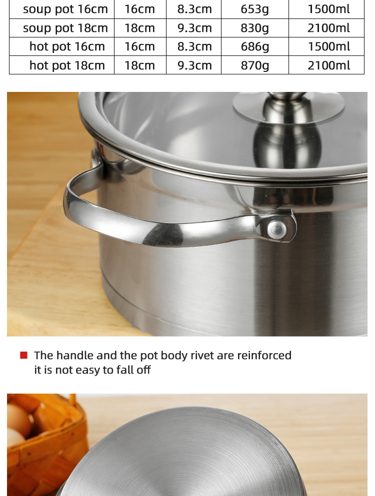 New Design Silver Kitchen Small Stock Pot Stainless Steel Shabu Shabu Induction Hot Pot With SS Double Ear Handles