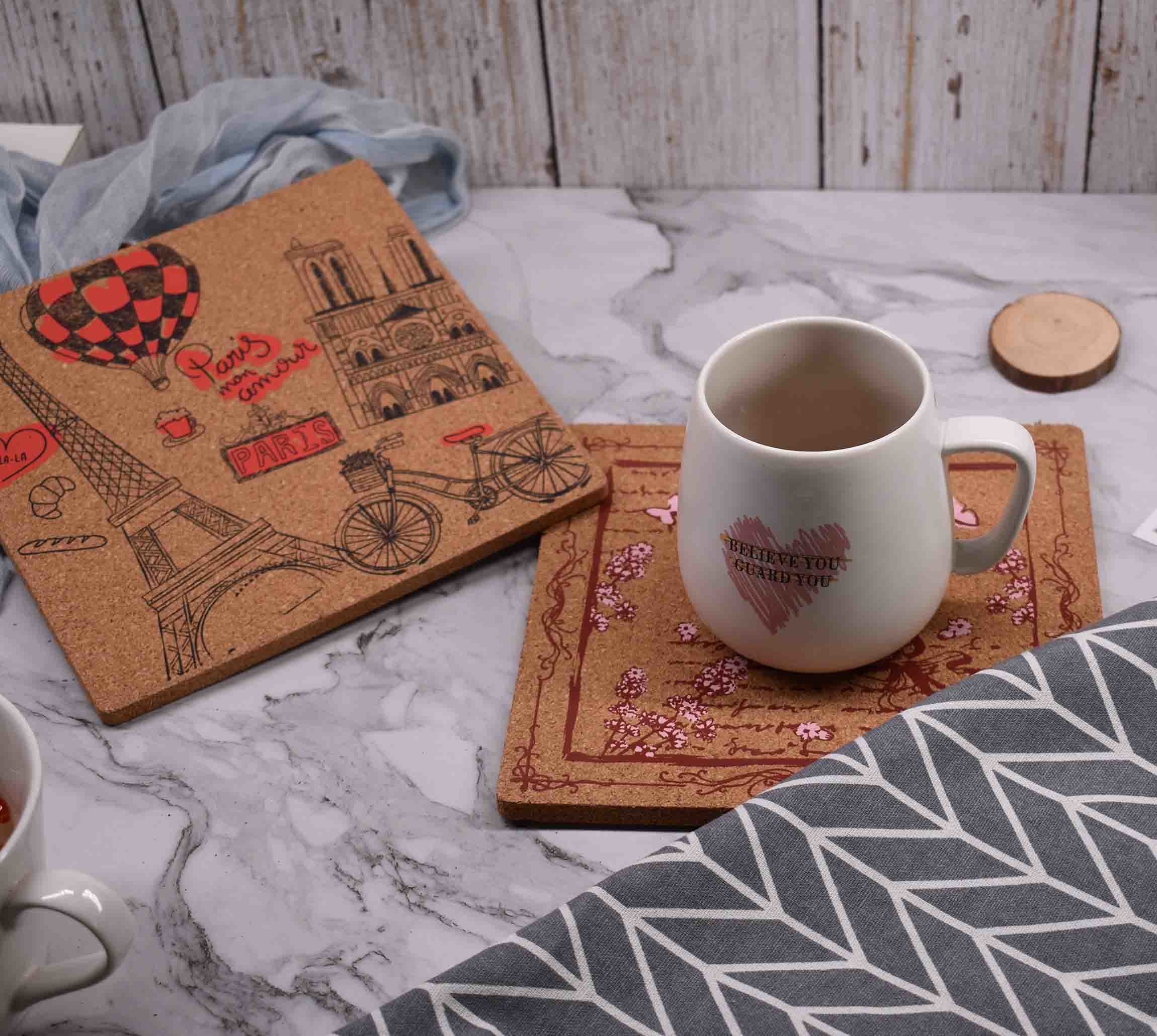 OEM Square Cork Placemats Printed Cork Trivets Heat Insulation