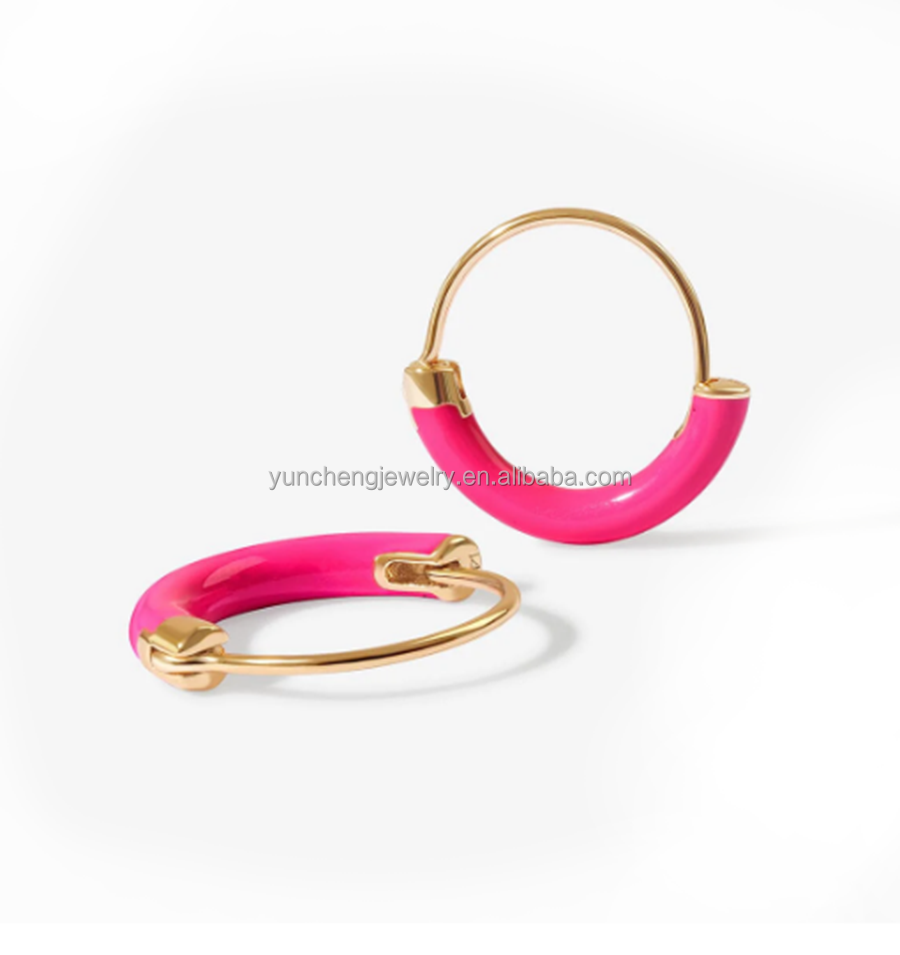 925 Sterling Silver EARRINGS 18MM Dia Hoops with Hot Pink Enamel and 18K Gold Plating