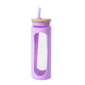 Quality Bamboo Sports Cap Glass Drinking Bottles 20oz With Protective Silicone Sleeve wholesale