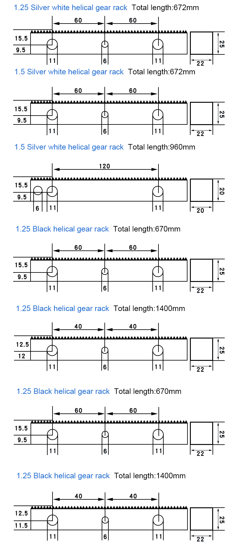 High precision C45 steel material helical gear rack in sliver and black color scheme