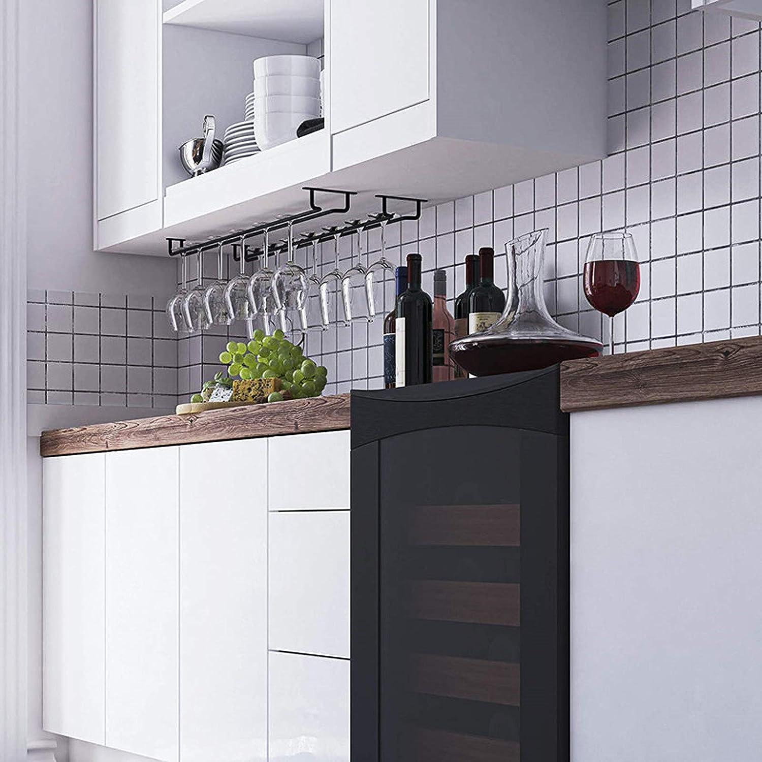 Sample Black 15.8-Inch Long Single Rail Wine Glass Rack Metal Under Cabinet Stemware Storage Holder with Screws