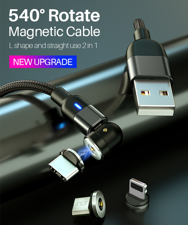 540 Rotation 3A Magnetic USB Charging Cable 3 In 1 Magnetic Data Cable