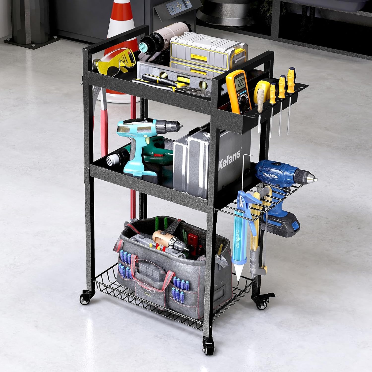 Wall Mount 3 Tier Drill Rack Shelf Rolling Cart Tool Holder for Workshop Organization