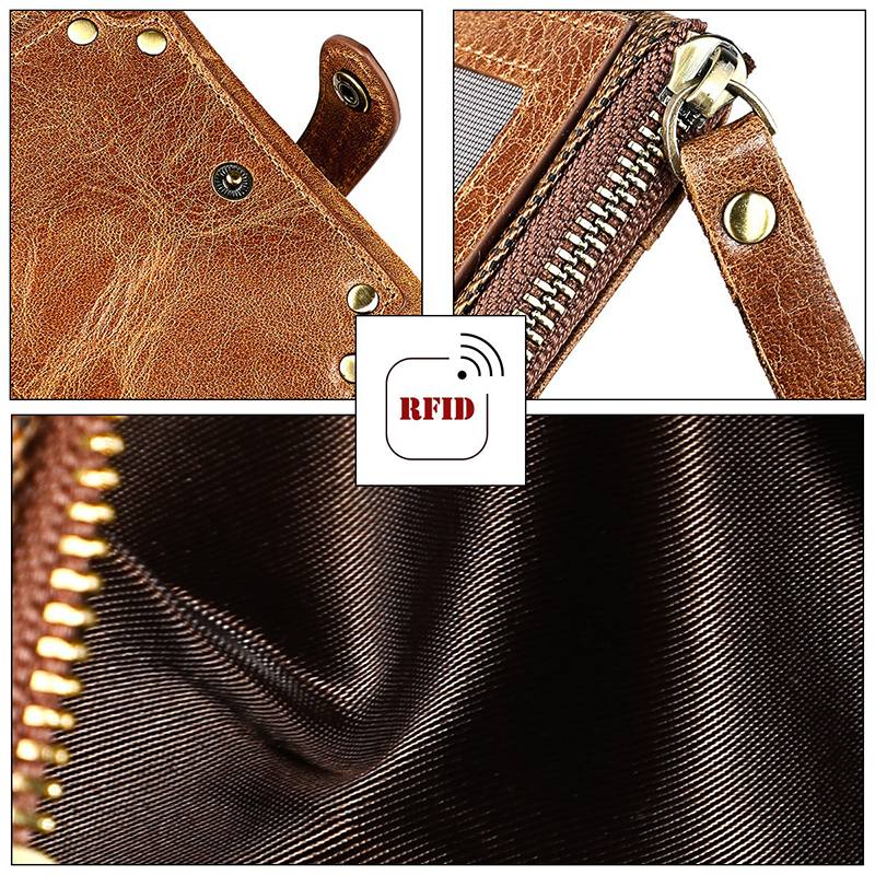 Crazy Horse Cowhide Leather Wallets Short Men's Purse with Zipper and Stylish Design