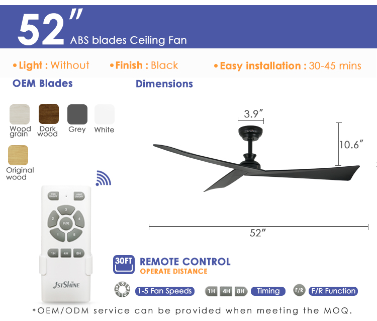 Energy Saving Smart Remote Ceiling Fan Black ABS Blades with 5 Speed and Time Setting