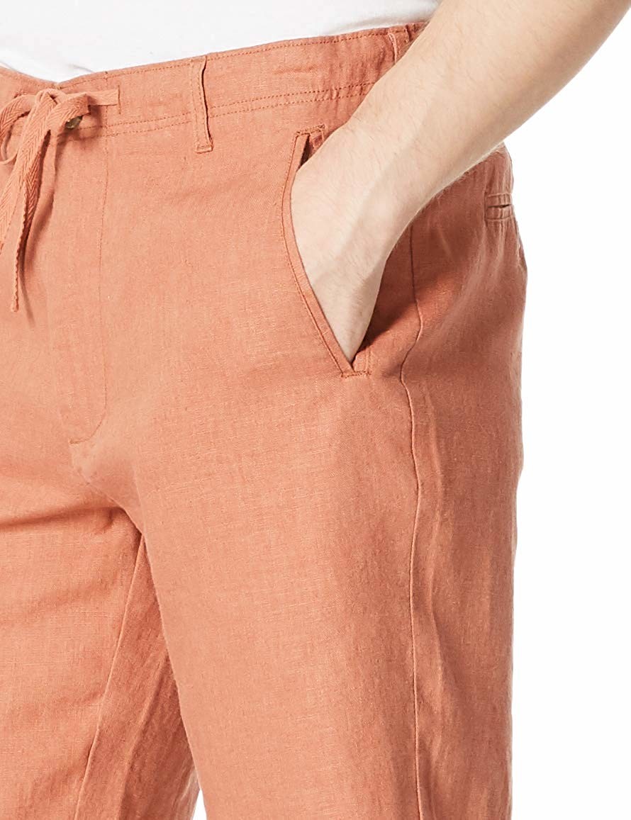 Light Brown Beach Mens Linen Shorts Drawstring Yarn Dyed Fabric