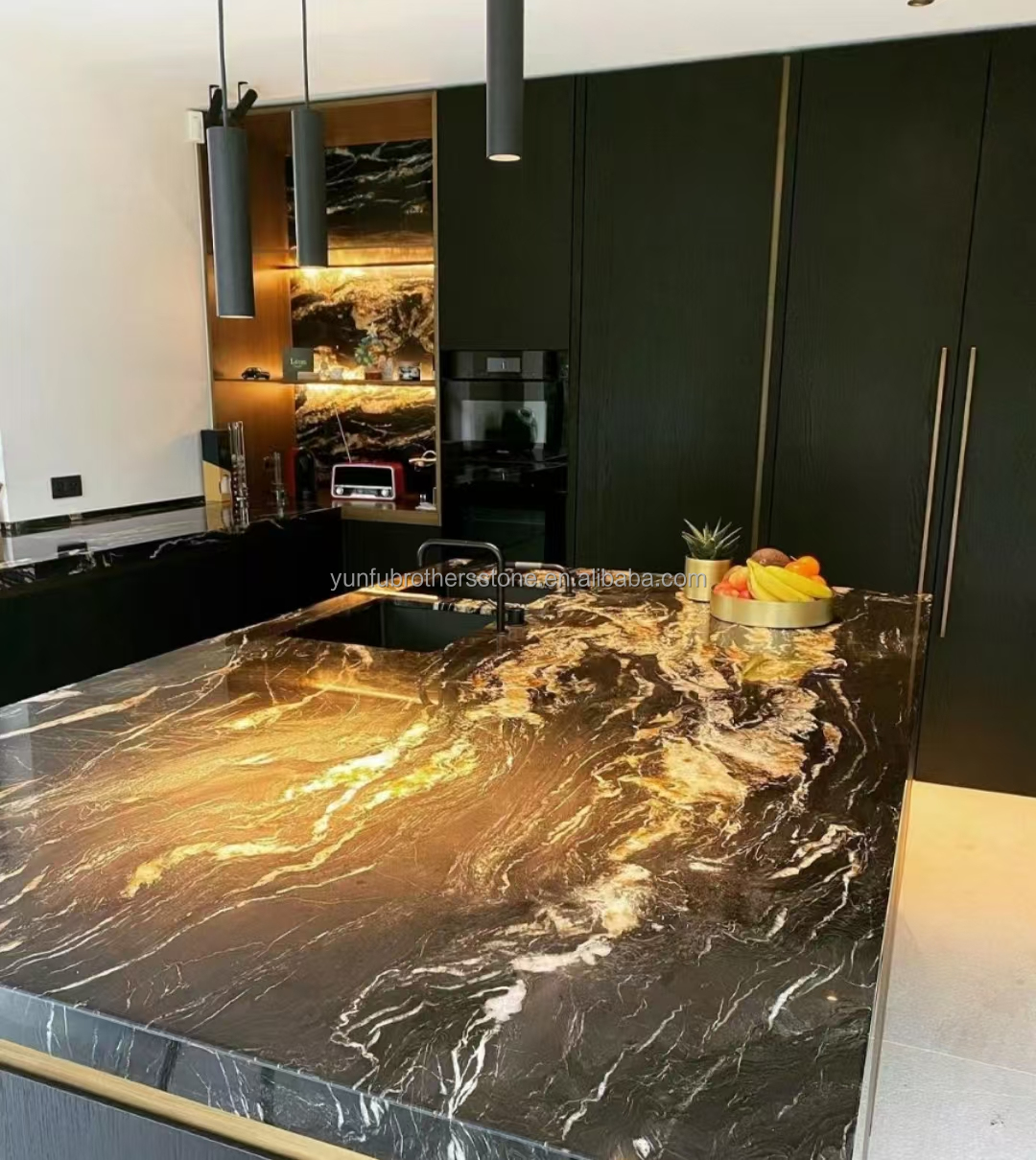 Modern Natural Phoenix Feather Black Gold Marble Stone Stair Steps Tile Big Slab