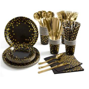 Quality 10 PCS Gold Black Tea Birthday Party Paper Plates And Cups Napkins Disposable wholesale