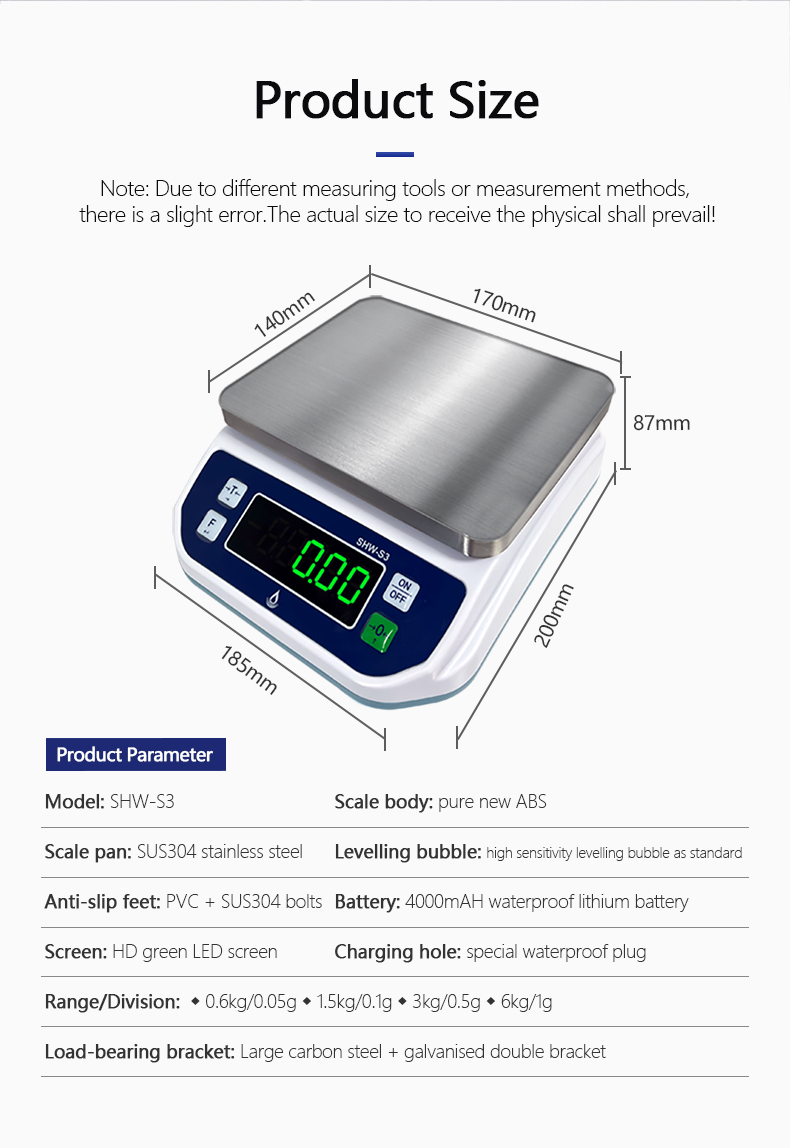 3KG High Precision Stainless Steel ABS Waterproof Scale for Baking and Cooking SOHES3