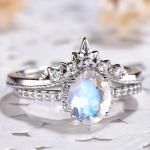 White Gold Oval Moonstone Art Deco Unique Engagement Ring Set 925 Sterling