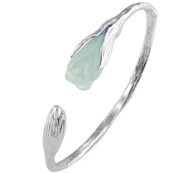 Handcraft Sterling Silver Cuff Bracelet with Sculpted Natural Jade Gardenias