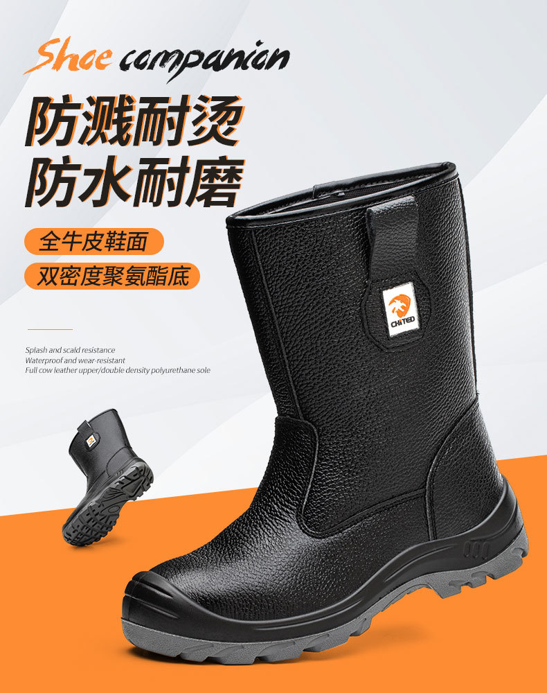 Double Density PU Sole Safety Shoes Black High Top Genuine Leather Work Boots With Steel Toe