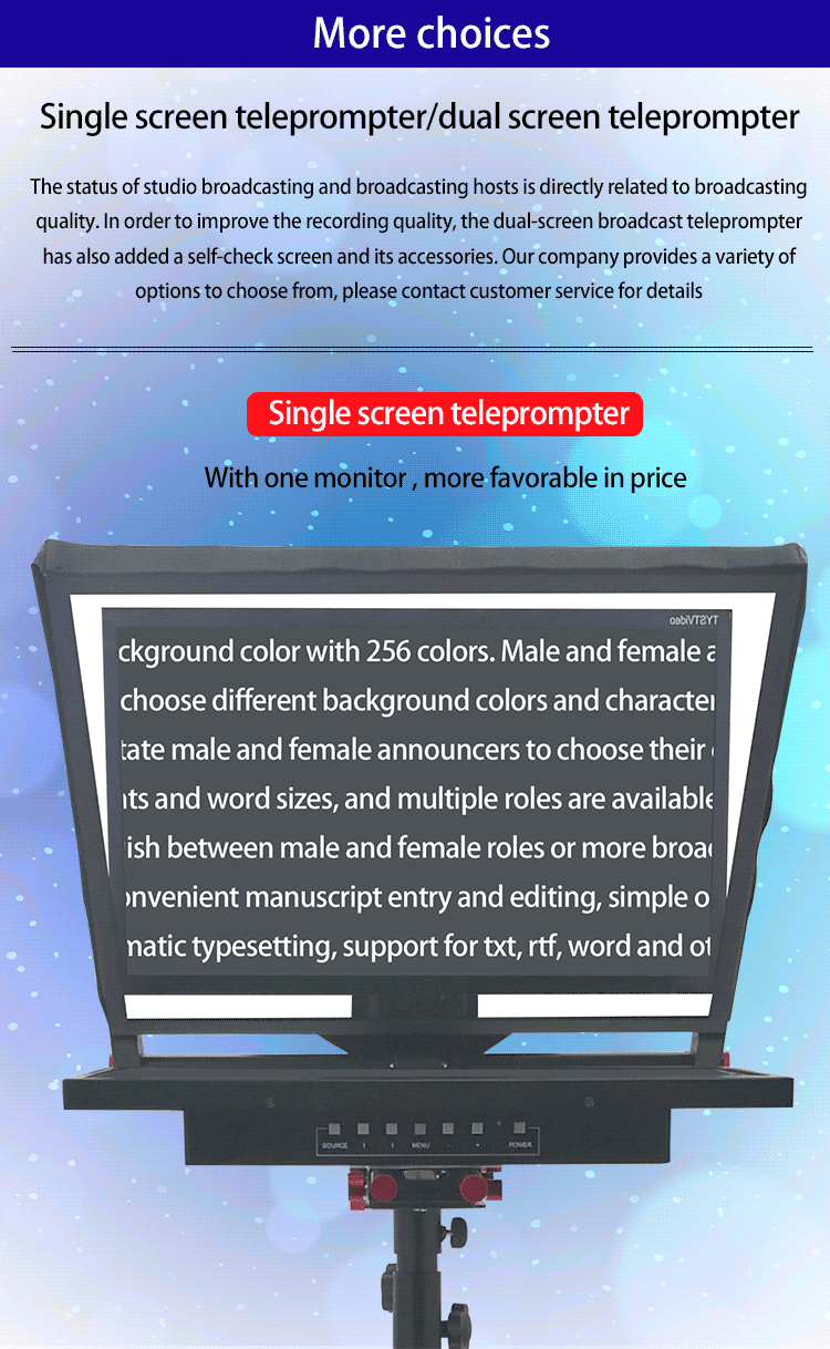 Professional TV Studio Equipment 24inch Single Screen Built-in Prompter with Auto-Mirror