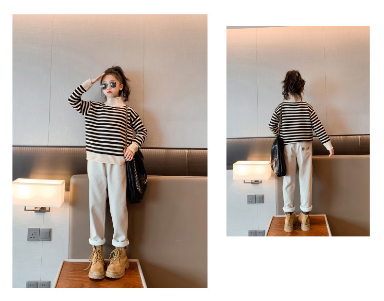 Medium Sized Childrens Winter Clothes Striped High Collar Sweater Set With Velvet