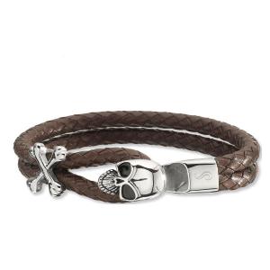 Quality Hot sale mens skull stainless steel braided brown bracelet leather wholesale