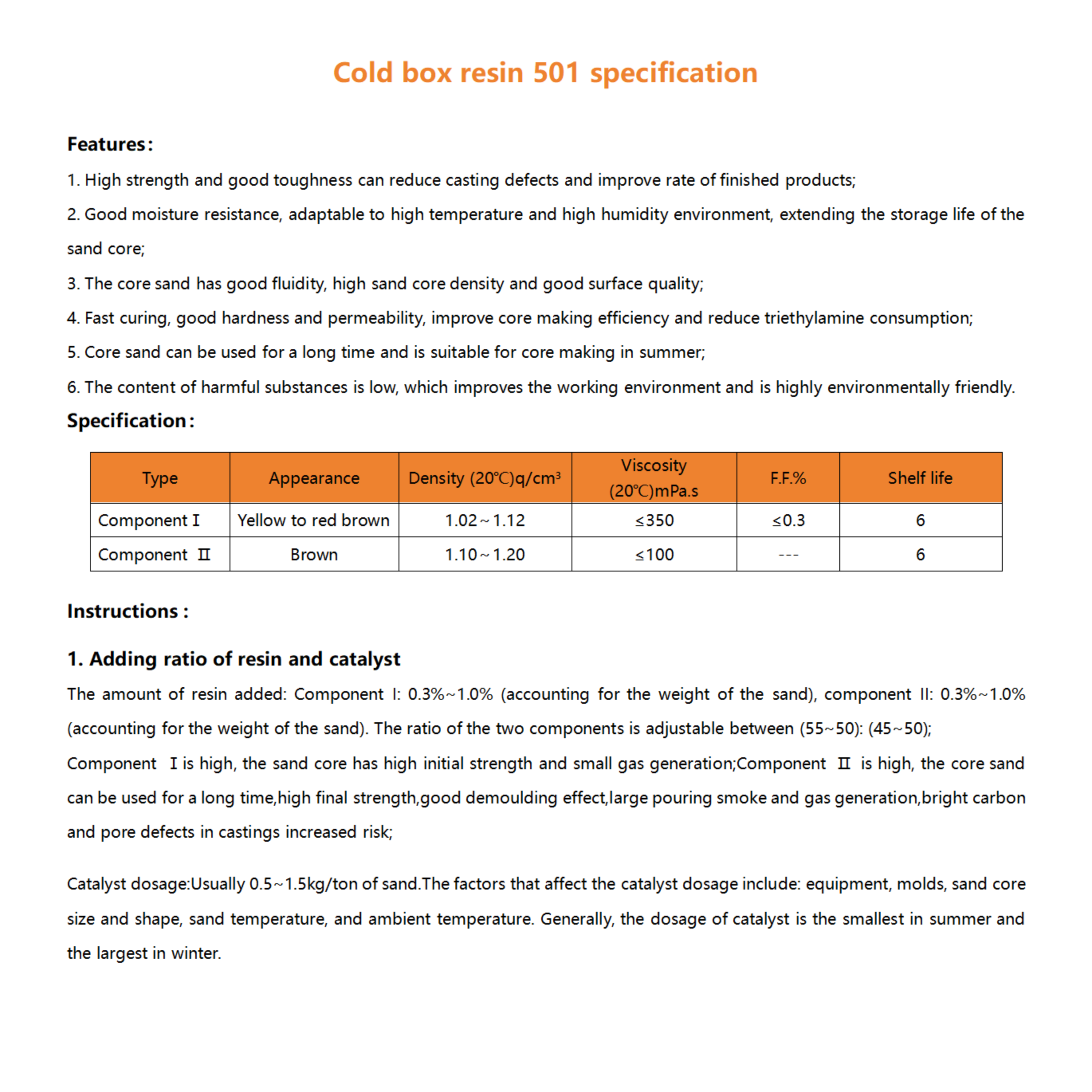 Synthetic Resin And Plastics High Humidity Environment Cold-box Resin for Sand Casting