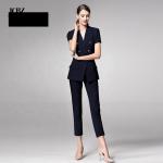 Dark Navy Slim Fit Blazer for Ladies Office Short Sleeve Women's Suits Collar V