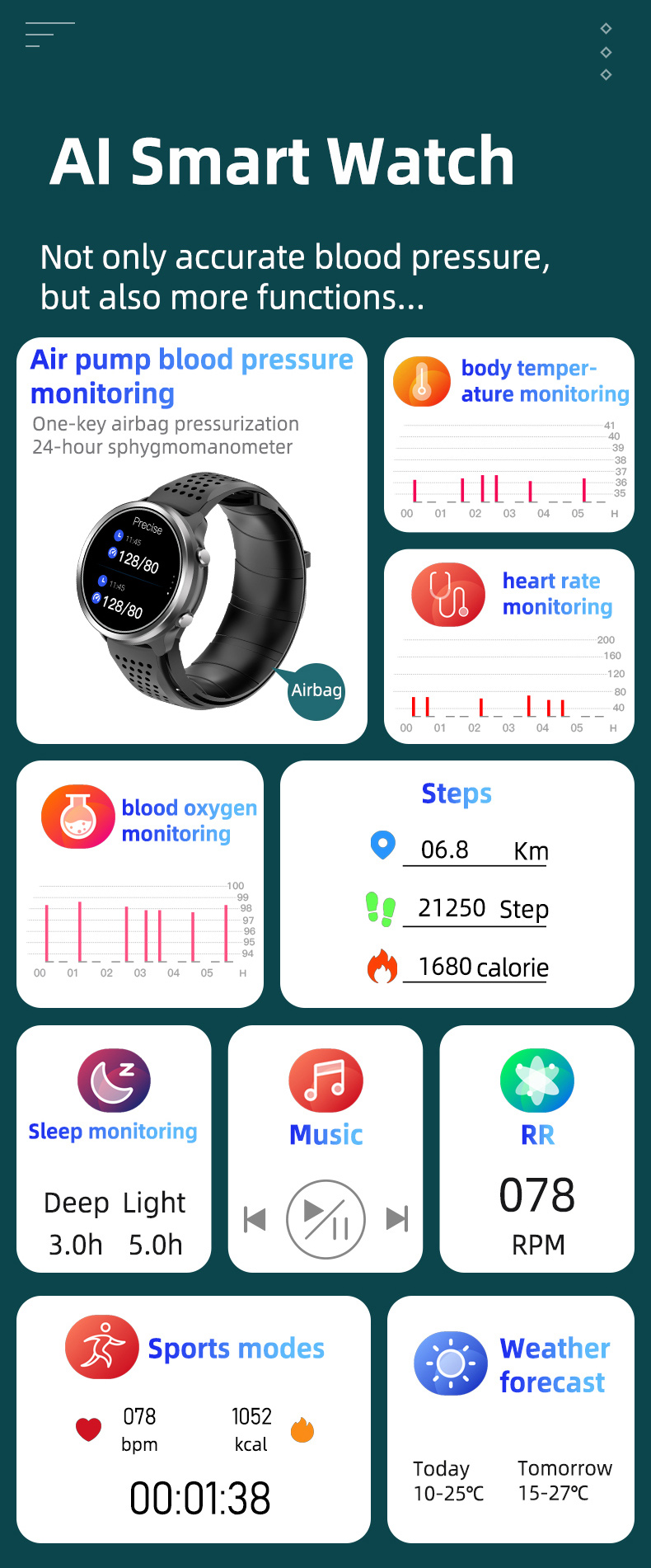 Air Pump Accurate ECG Blood Pressure Health Monitor Smart Watch P30 1.3 Inch For Healthcare