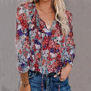 Quality Chiffon Printed 100% Polyester Women'S V Neck Long Sleeves Shirt wholesale