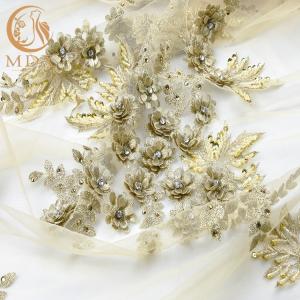 Quality Gold Rhinestones Bridal Lace Fabrics Polyester Decoration 55 Inch Width wholesale